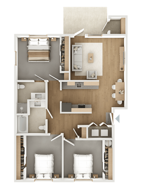 Floor plan for 3 beds, 2 baths, 1127 sqft